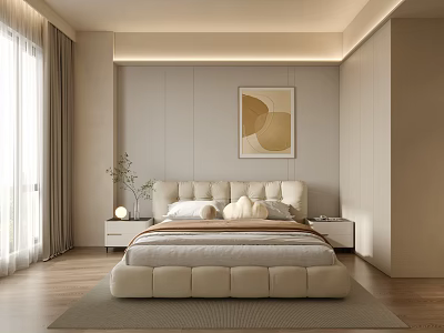 Modern Bedroom Interior Design With Light Colored Walls Plush Pillows And Abstract Art 3d model