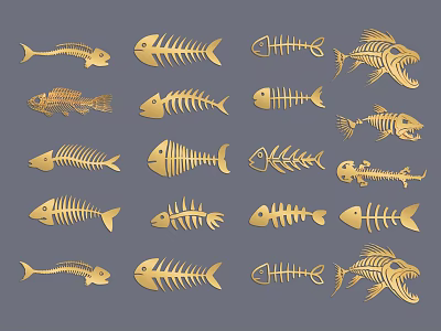 Golden Fish Skeleton Illustrations With Various Shapes And Artistic Designs 3d model