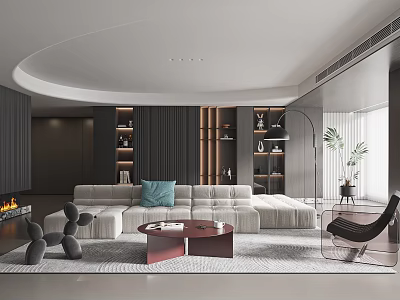 Modern Living Room Interior With Curved Ceiling Light Gray Sofa Blue Cushion Bookshelves And Fireplace 3d model