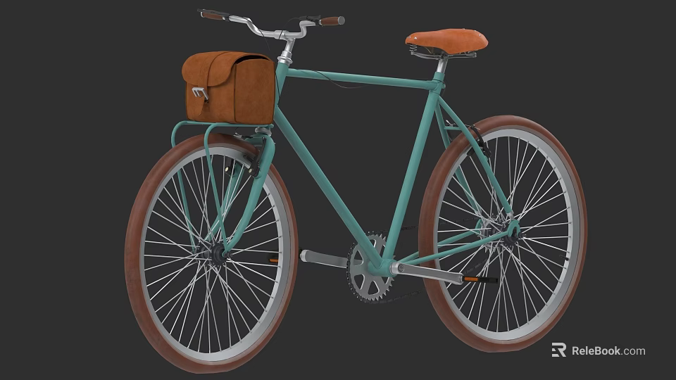 Teal Vintage Bicycle with Large Wheels Brown Leather Seat and Front Leather Bag 3d model 