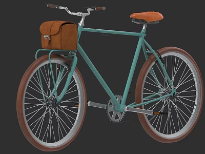 Teal Vintage Bicycle with Large Wheels Brown Leather Seat and Front Leather Bag 3d model