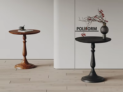 Stylish Wooden And Black Round Top Side Tables With Decorative Vase And Branches 3d model