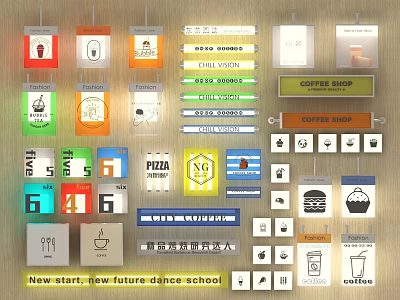 Lightboxes with various colorful designs for coffee shop pizza shop and dance school signage 3d model