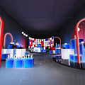 Modern Display Area With Blue White Cubic Podiums And Red White Blue Screen Wall