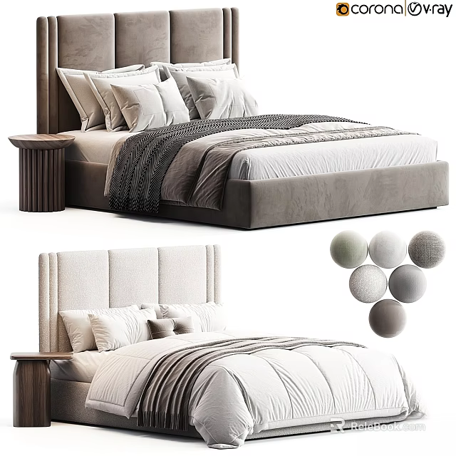 Modern Double Bed Interior Design With Upholstered Headboard Striped Bedding And Pillows 3d model