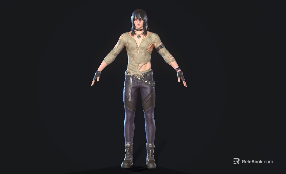 Man With Long Hair Torn Shirt Leather Pants And Boots Standing In Dark Background 3d model 