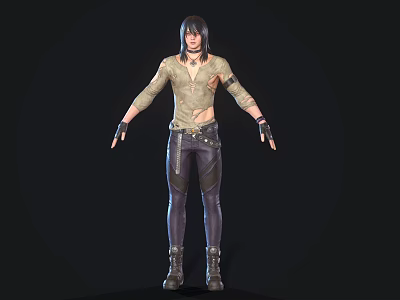 Man With Long Hair Torn Shirt Leather Pants And Boots Standing In Dark Background 3d model