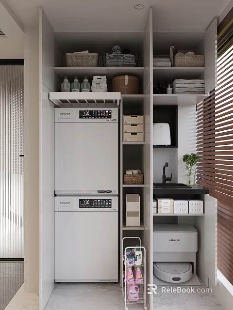 Home Balcony Interior With Stacked Washing Machines Storage Cabinets Baskets And Green Plant 3d model 