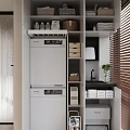 Home Balcony Interior With Stacked Washing Machines Storage Cabinets Baskets And Green Plant