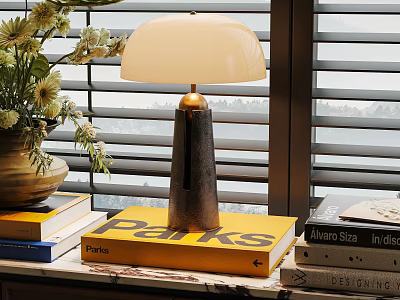 Modern Table Lamp On Stack Of Books With Floral Vase And Window Blinds 3d model