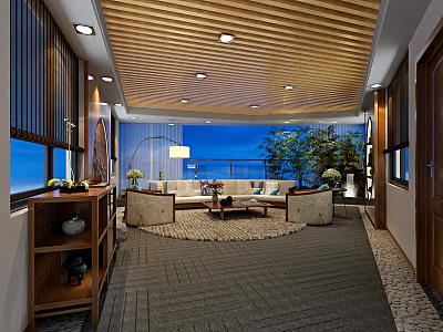 Hotel Public Lounge Area With Wooden Slat Ceiling Circular Sofa Floor Lamp Night View Plants 3d model