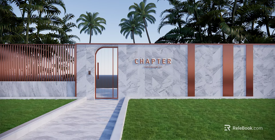 Elegant Feature Walls With Marble Texture CHAPTER Sign Arched Gate Palm Trees And Lawn 3d model 