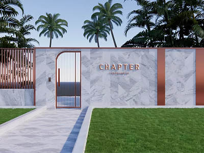 Elegant Feature Walls With Marble Texture CHAPTER Sign Arched Gate Palm Trees And Lawn 3d model