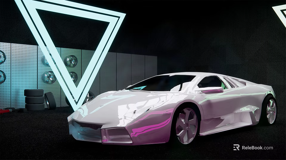 Silver Sports Car In Modern Futuristic Display With Triangular Neon Light And Circular Decorative Lights 3d model 