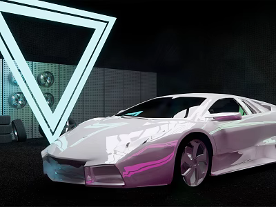 Silver Sports Car In Modern Futuristic Display With Triangular Neon Light And Circular Decorative Lights 3d model