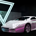 Silver Sports Car In Modern Futuristic Display With Triangular Neon Light And Circular Decorative Lights