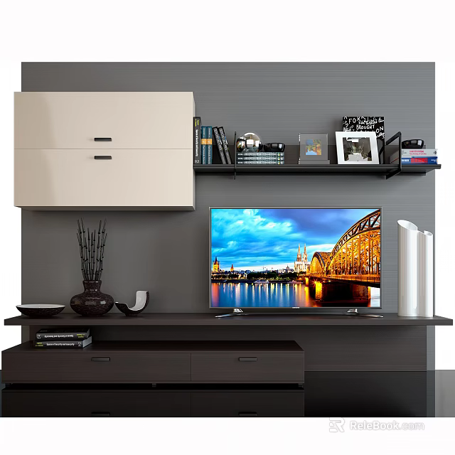 Modern TV Stand With Flat Screen TV Books Photo Frames And Decorative Storage Cabinets 3d model 