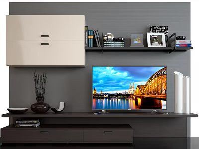 Modern TV Stand With Flat Screen TV Books Photo Frames And Decorative Storage Cabinets 3d model