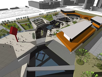 Modern Urban Square With Geometric Buildings Orange White Roofs Green Landscaping Pedestrian Areas 3d model