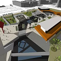 Modern Urban Square With Geometric Buildings Orange White Roofs Green Landscaping Pedestrian Areas