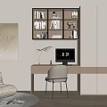Modern Minimalist Desk Setup With White Chair Computer Bookshelf Decorative Painting And Green Plant