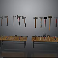 Workshop Equipment Display With Various Axes Hammers On Wooden Workbenches