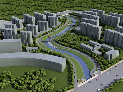 Urban Garden Landscape Design with River Green Space and High Rise Buildings 3d model