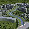 Urban Garden Landscape Design with River Green Space and High Rise Buildings