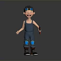 Cartoon Boy With Blue Overalls Goggles Mechanical Arm Blue Knee Pads Sneakers And Red Tool