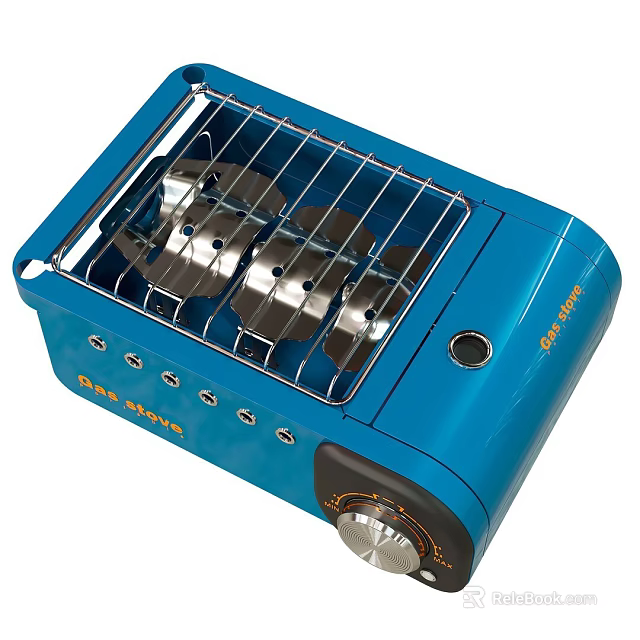 Blue Portable Gas Stove With Grill Rack And Control Knobs For Kitchen Cooking 3d model 