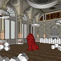 Elegant Banquet Hall Interior With Red Geometric Lion Sculpture Columns And Wooden Floor