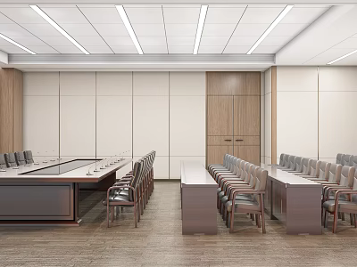 Contemporary Conference Room Interior With Long Table Chairs Wooden Light Colored Walls And Ceiling Lights 3d model