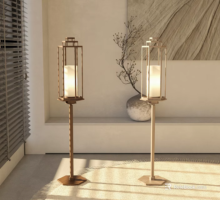 Modern Floor Lamps With Wooden Stand And Glass Shade In Minimalist Room 3d model 