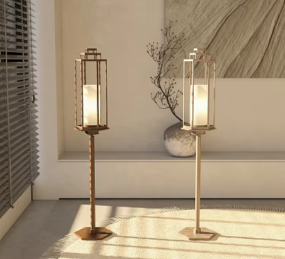 Modern Floor Lamps With Wooden Stand And Glass Shade In Minimalist Room 3d model