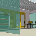Bright Yellow Mall Store With Glass Windows Wooden Green Shelves And Outdoor Tables Chairs