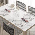 Marble Top Dining Table Set With Rattan Chairs Plates Cutlery Fruits And Dried Flowers