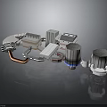 Metallic Industrial Scene Components With Cylindrical Towers Square Structures And Blue Lights