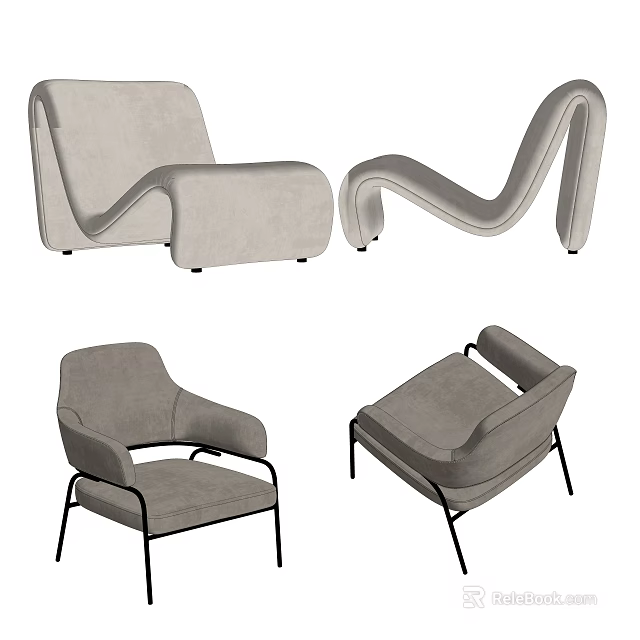 Modern Lounge Chairs With Curved Silhouette And Metal Legs In Light Gray Fabric 3d model 