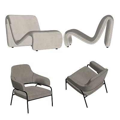 Modern Lounge Chairs With Curved Silhouette And Metal Legs In Light Gray Fabric 3d model