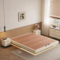 Double Bed in Modern Bedroom with Beige Wall Wooden Blinds Nightstand Vase and Drawer Cabinet