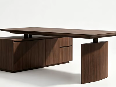 Modern Walnut Wood Office Desk With Long Tabletop Drawer Cabinet And Curved Support 3d model