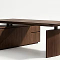 Modern Walnut Wood Office Desk With Long Tabletop Drawer Cabinet And Curved Support