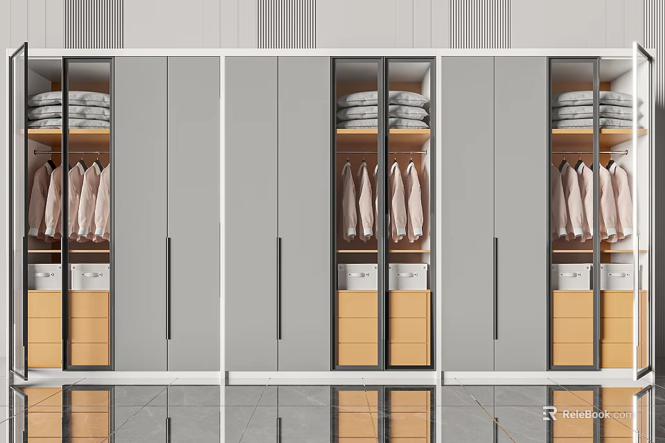Modern Wardrobe Design With Glass Doors Hanging Clothes And Wooden Storage Drawers 3d model 