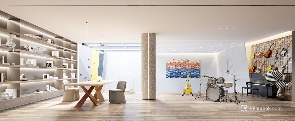 Modern Entertainment Room With Yellow Guitar Drum Set Colorful Wall Art And Wooden Floor 3d model 