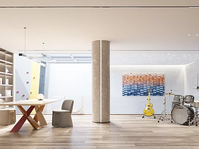 Modern Entertainment Room With Yellow Guitar Drum Set Colorful Wall Art And Wooden Floor 3d model