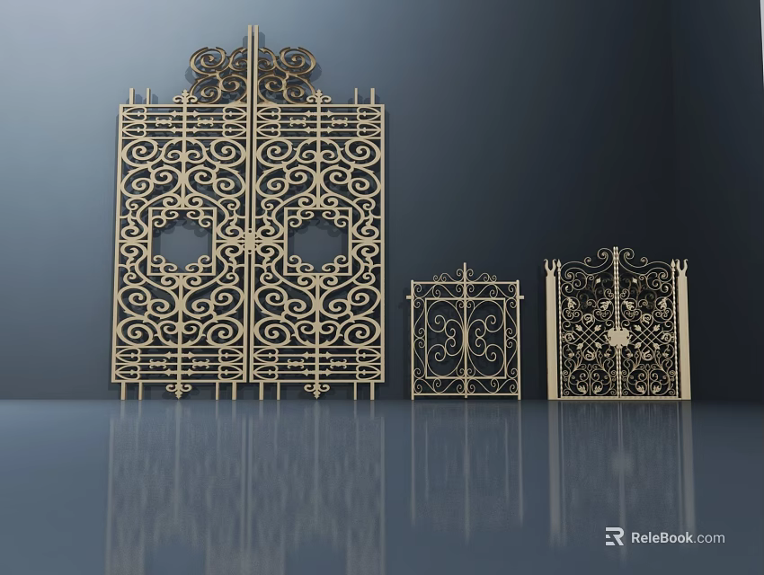 Golden Wrought Iron Gates With Ornate Scroll Patterns And Various Sizes 3d model 