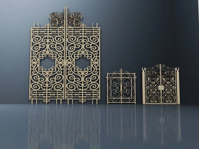 Golden Wrought Iron Gates With Ornate Scroll Patterns And Various Sizes 3d model