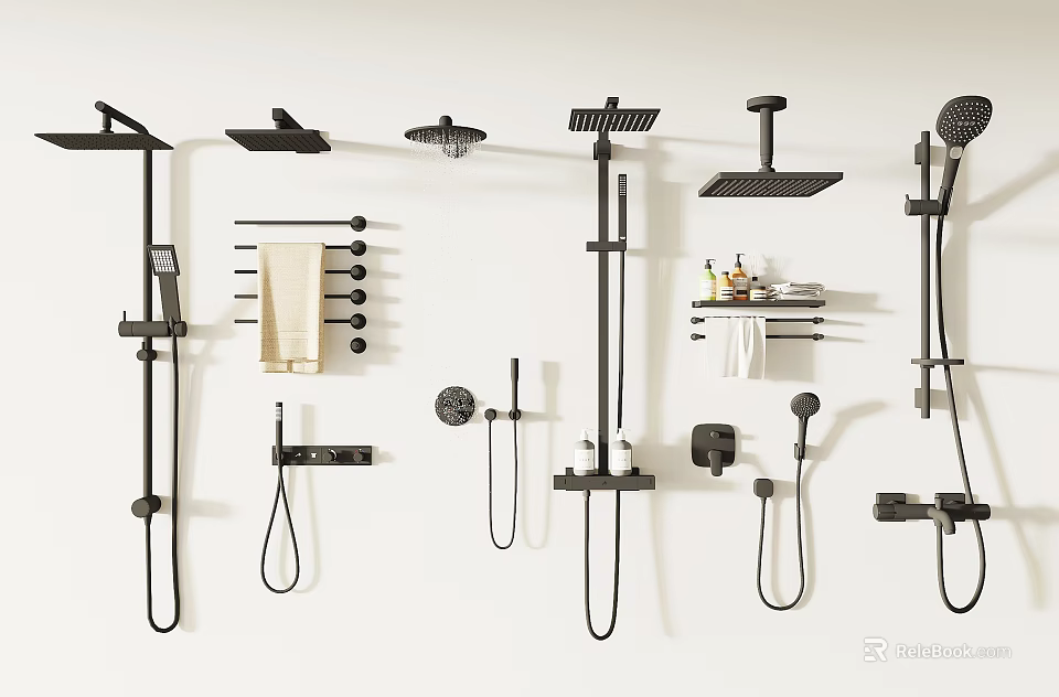 Black Shower Systems With Rain Heads Handheld Sprayers And Towel Bars 3d model 