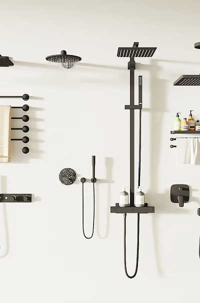 Black Shower Systems With Rain Heads Handheld Sprayers And Towel Bars 3d model