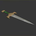 Ornate Weapon Sword With Golden Hilt Green Handle Sharp Silver Blade On Dark Background